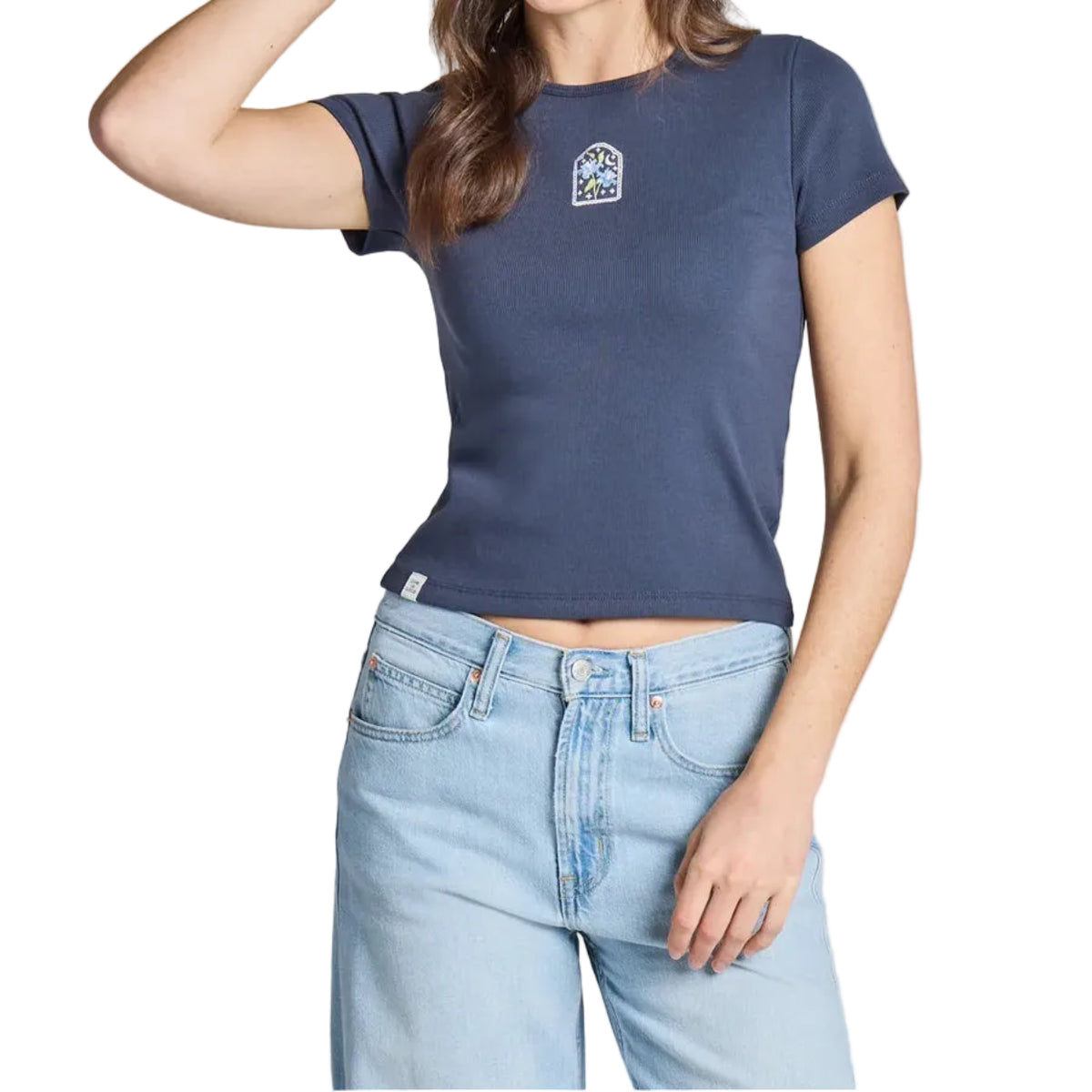 Women's Embroidered Lily Frame Short Sleeve Fitted Rib Tee Shirt