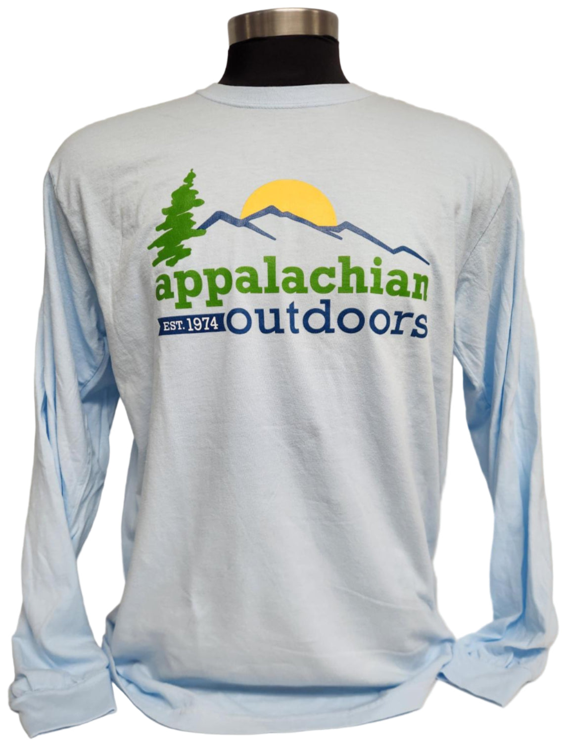 Light blue long-sleeve shirt with Appalachian Outdoors logo on a mannequin against a neutral background