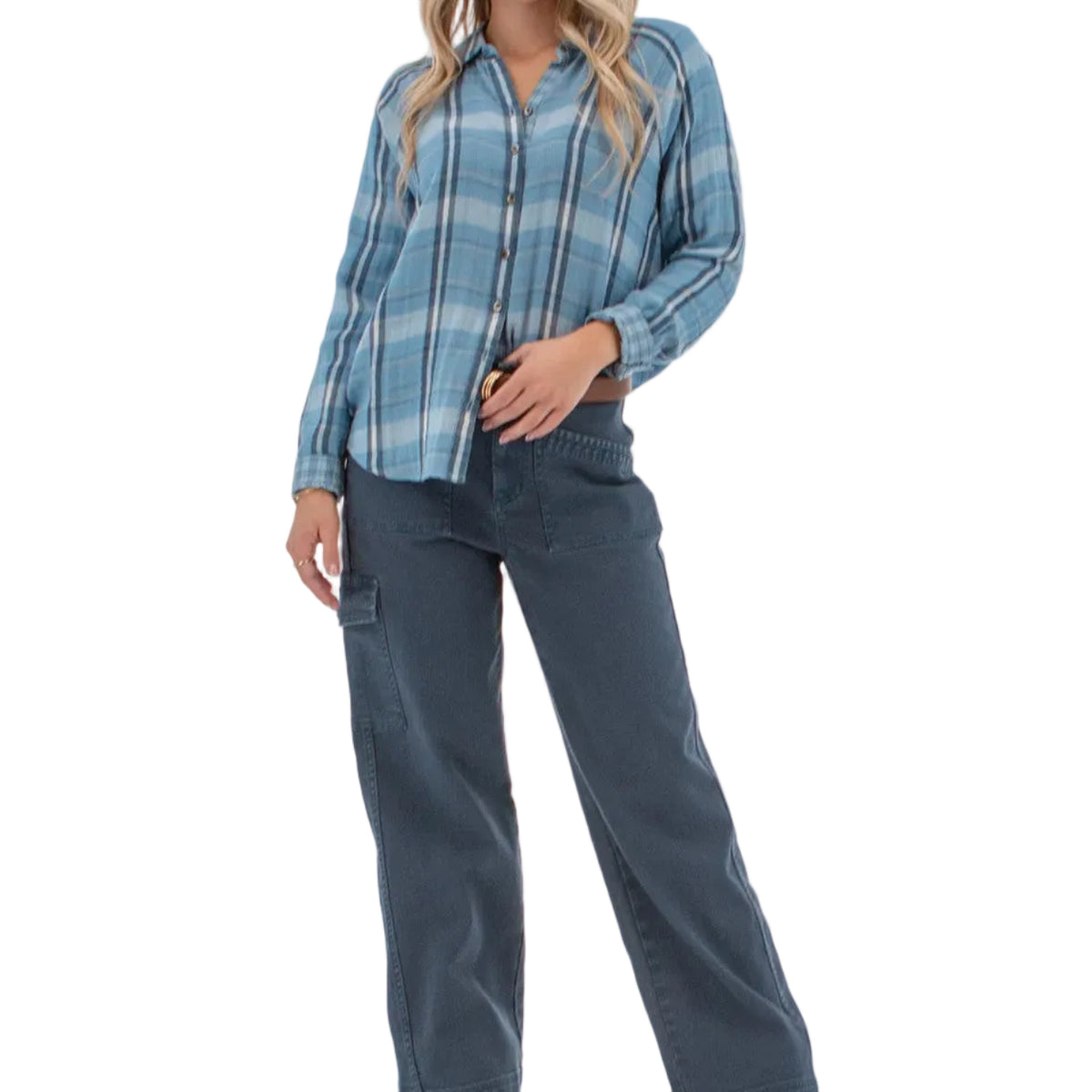 Women's Lark Raglan Contrast Plaid Buttondown Top