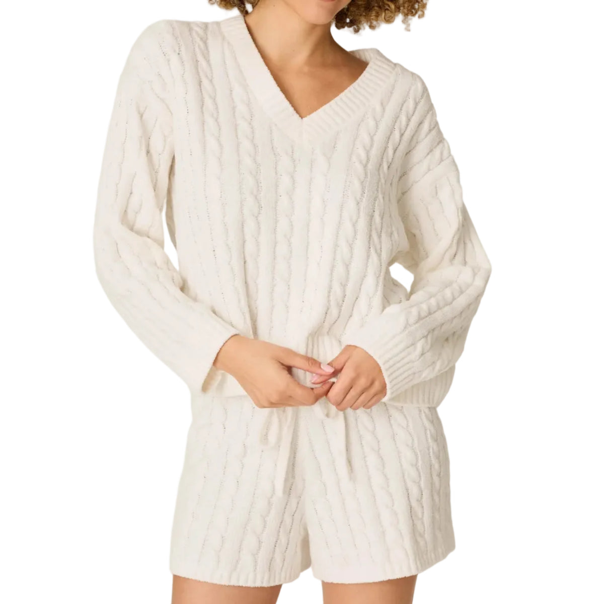 Women's Cozy Chenille Cable Knit Ivory V-Neck Sweater