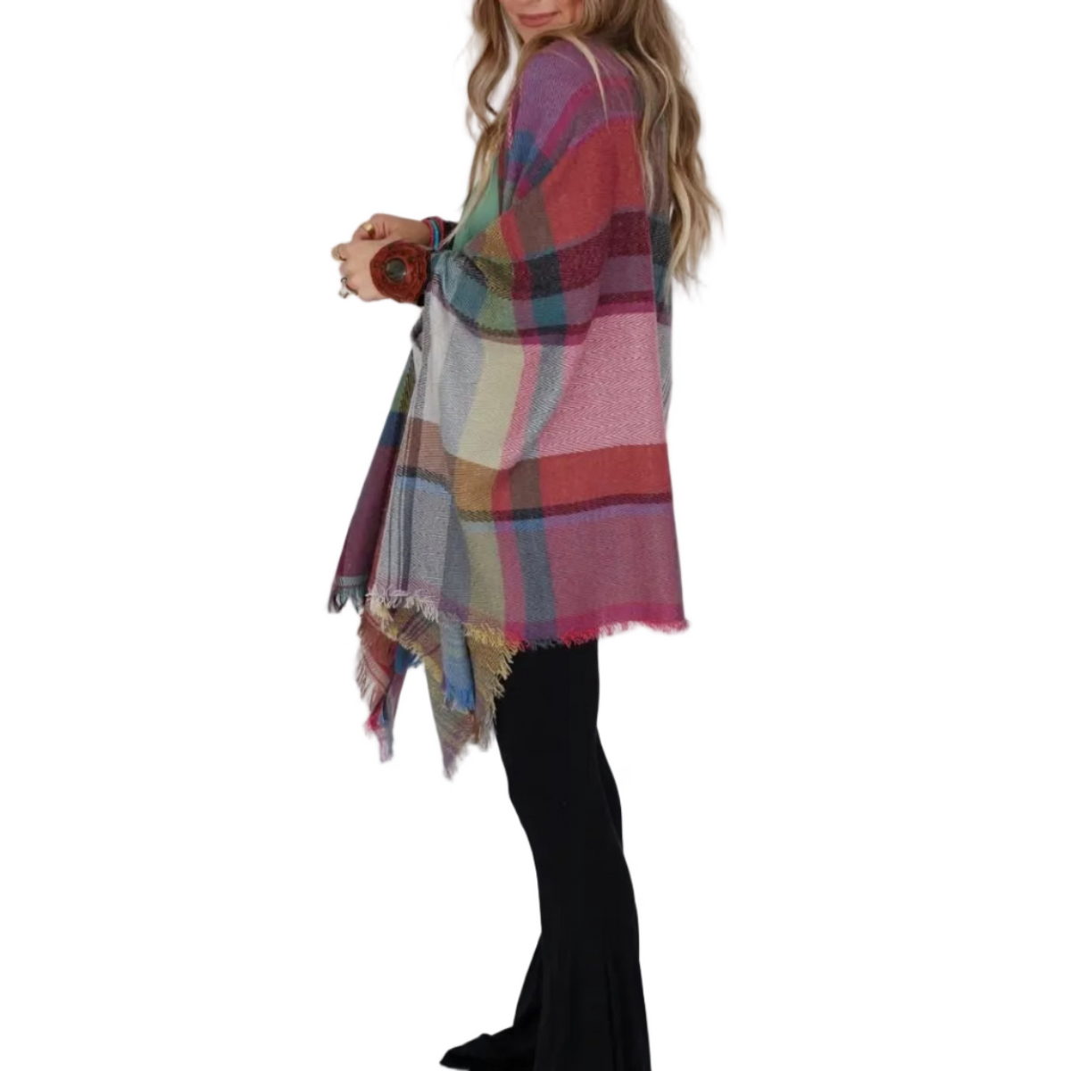 Women's Cozy Plaid Pocket Ruana Wrap Sweater