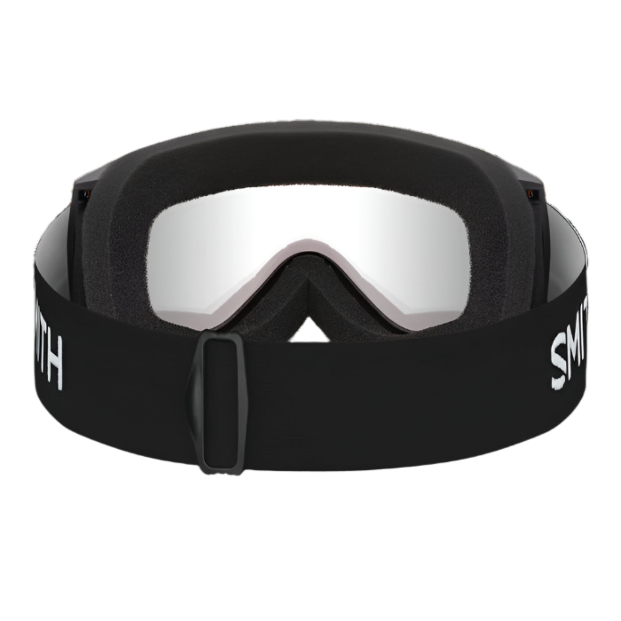 Black goggles with silver lenses on a white background
