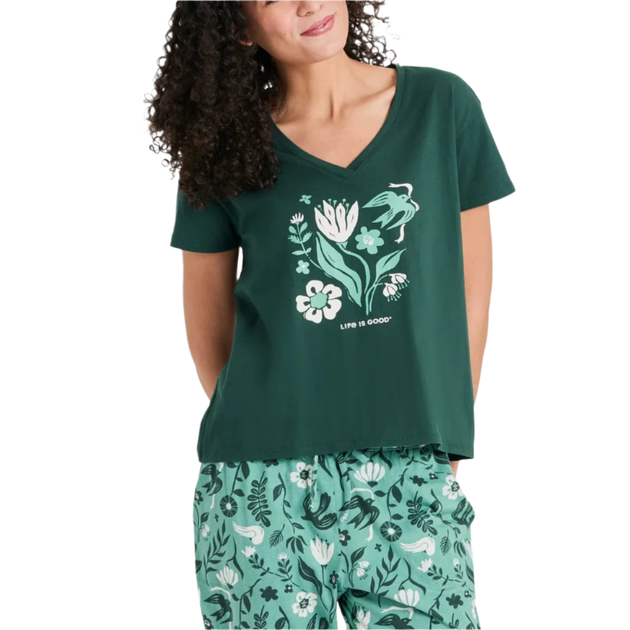 Women's Woodblock Floral and Bird Snuggle Up Sleep Vee Shirt