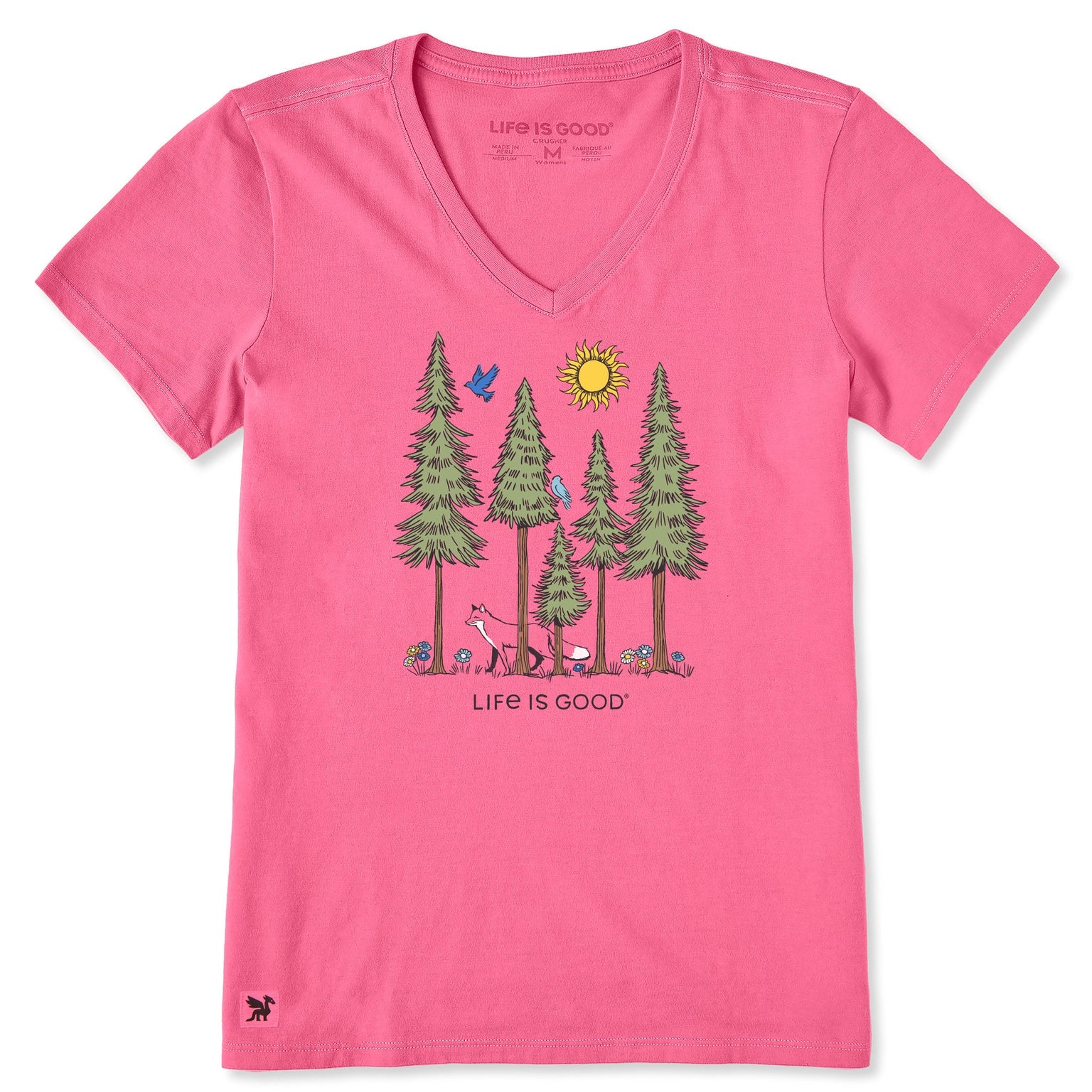 Women's Sunny Fox Among Trees and Birds Short Sleeve Crusher-LITE Cotton Vee Neck Shirt