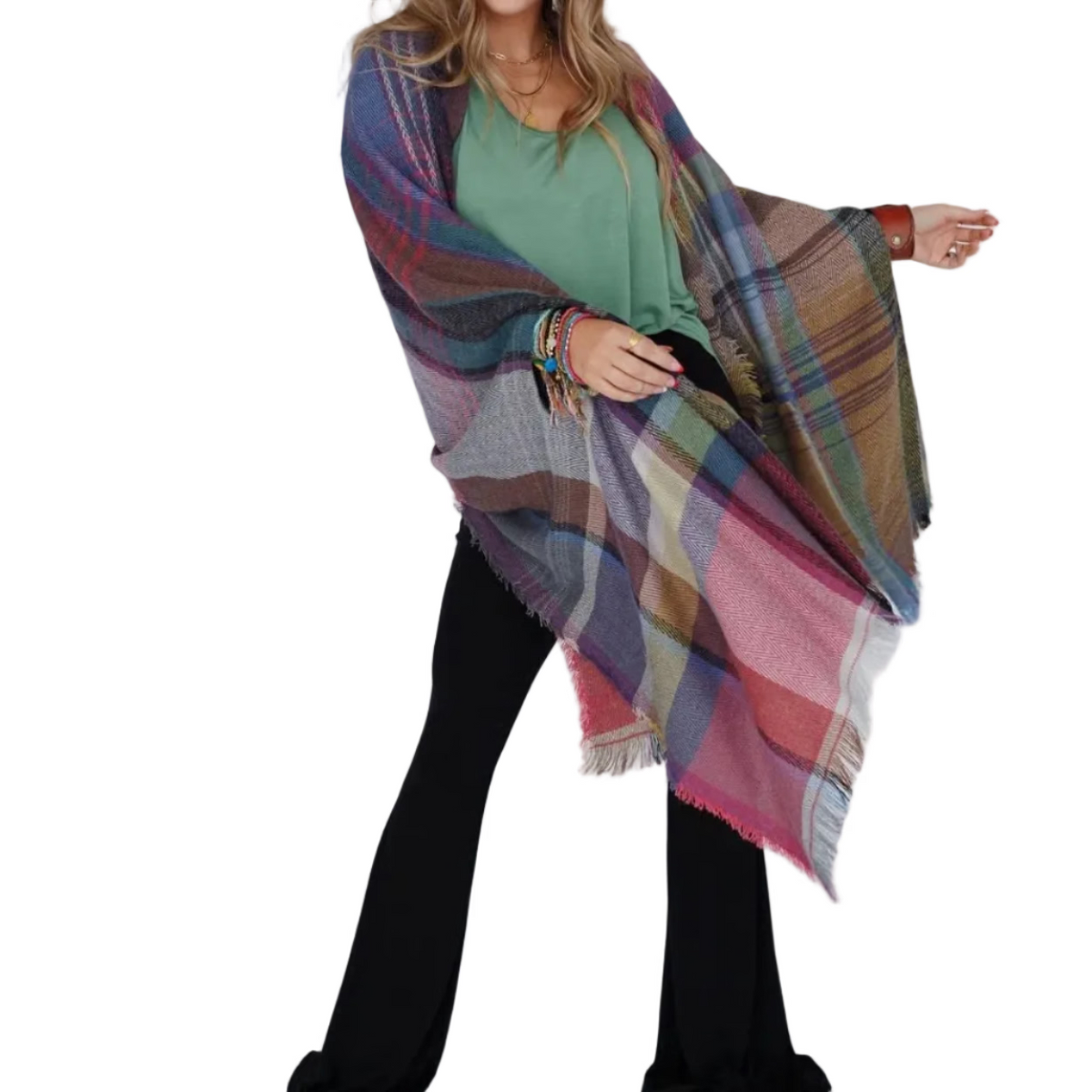Women's Cozy Plaid Pocket Ruana Wrap Sweater