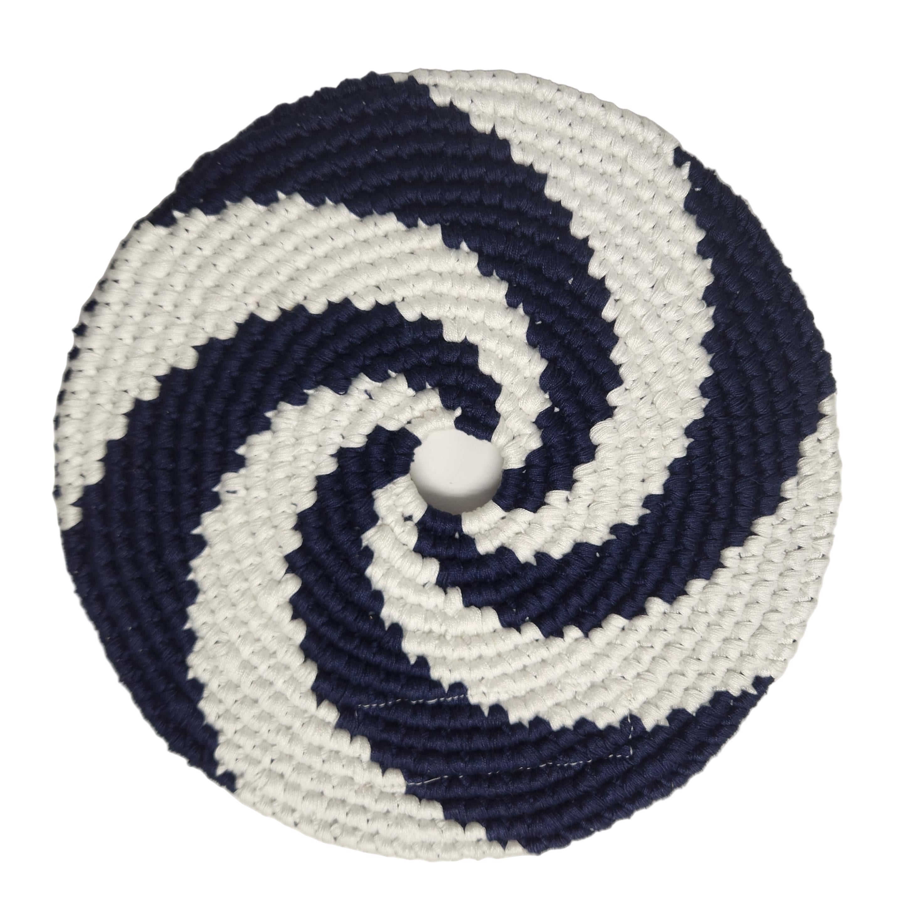 Round woven flying disc with blue and white spiral pattern