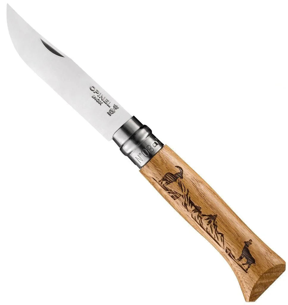 No.08 Stainless/Oak Engraved Knife